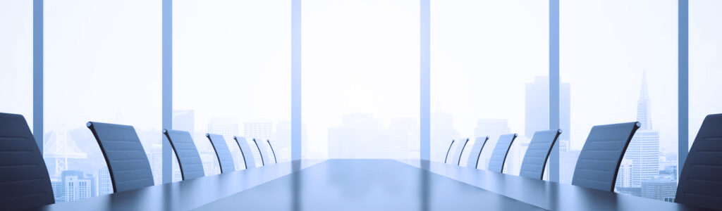 Closeup of shiny dark table and chairs in conferece room interior with city view and daylight. 3D Rendering